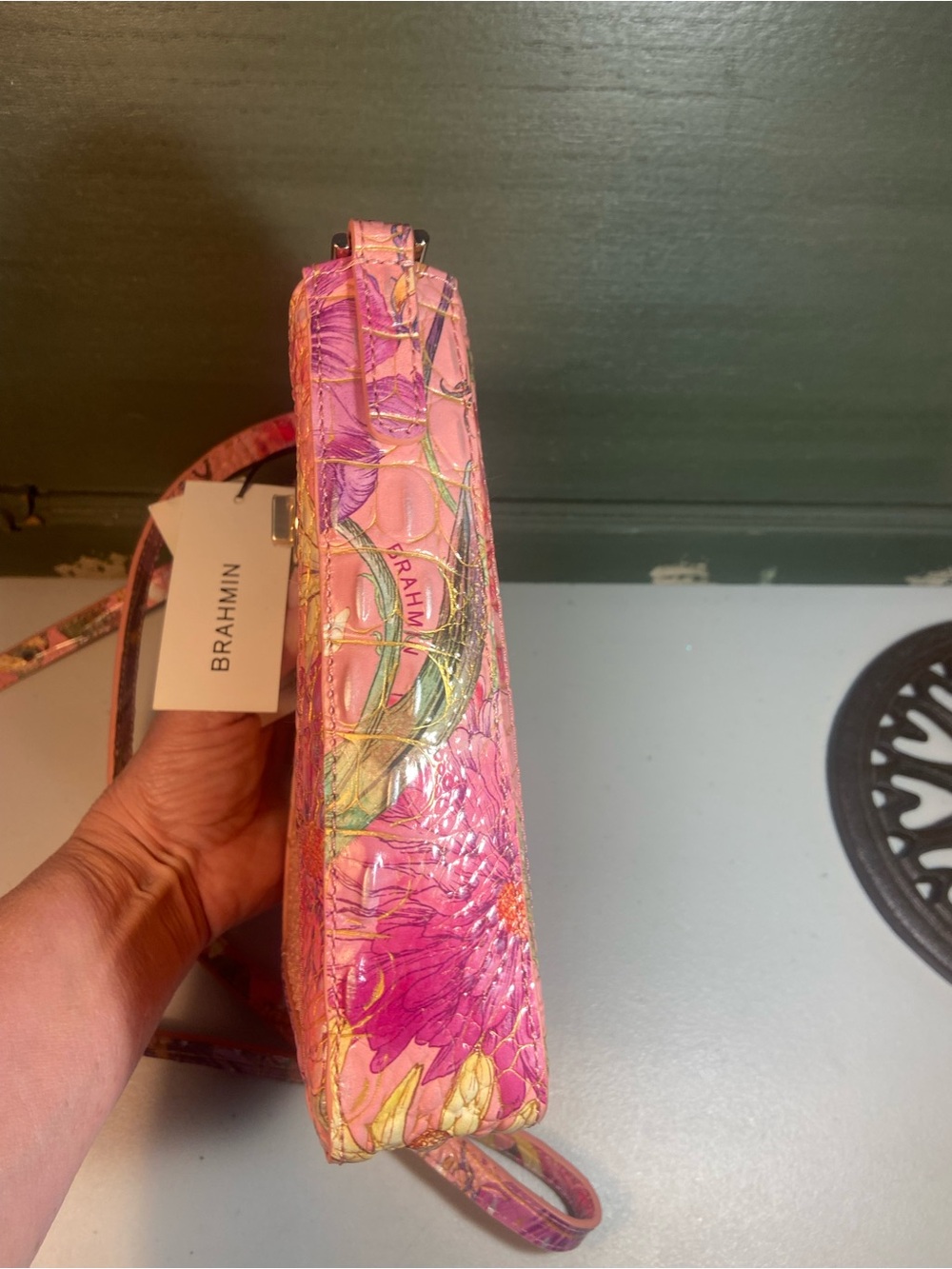 Brahmin Pink Woven Crossbody with Floral Trim - Picture 6 of 13